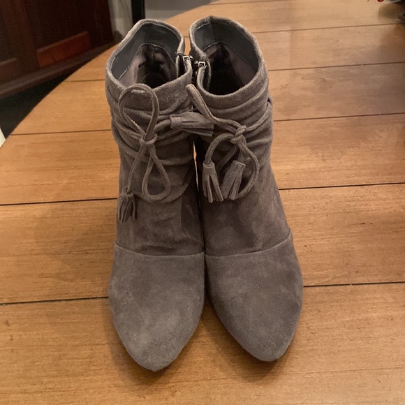 Boots, Gray Suede High Heel Ankle Boots. - Picture 5 of 5